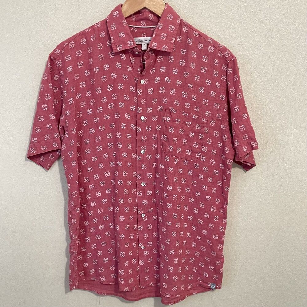 Peter Millar Linen Button Down Shirt M Medallion Print Classic Fit Kiva Beach